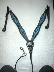 Black Leather w Blue Floral Horse Tack Set Bridle, Bit, Breast Collar, reins