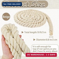Natural White Cotton Rope 4/5 inch x 10 ft,Tug of War Rope,Strong Triple-Strand