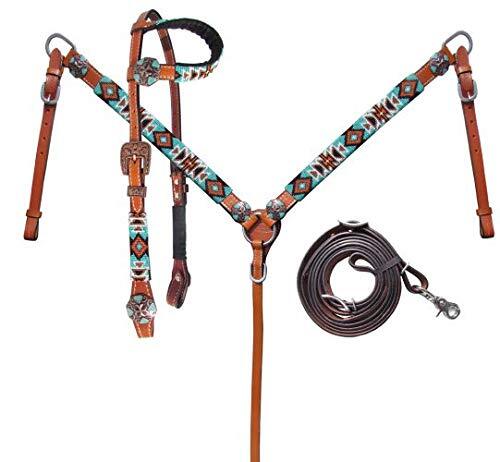 Showman Turquoise & Orange Aztec Design Beaded Headstall & Breast Collar Set