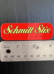 Vintage 1980’s Schmitt Stix Skateboards Sticker In Red & Yellow