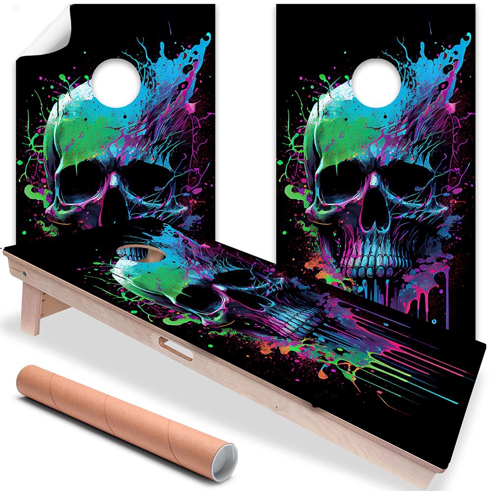 Neon Splatter Paint Skull Gothic Cornhole Board Wraps and Decals Vinyl Sticker