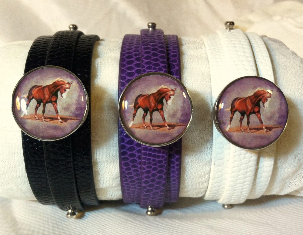 Leather SNAP BRACELET Horse Snap CHESTNUT HORSE Black Purple Sft Whte *BUBBLES*