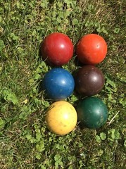 Vintage WOOD CROQUET SET w CADDY metal carrier stand rack rolling lawn game 60s