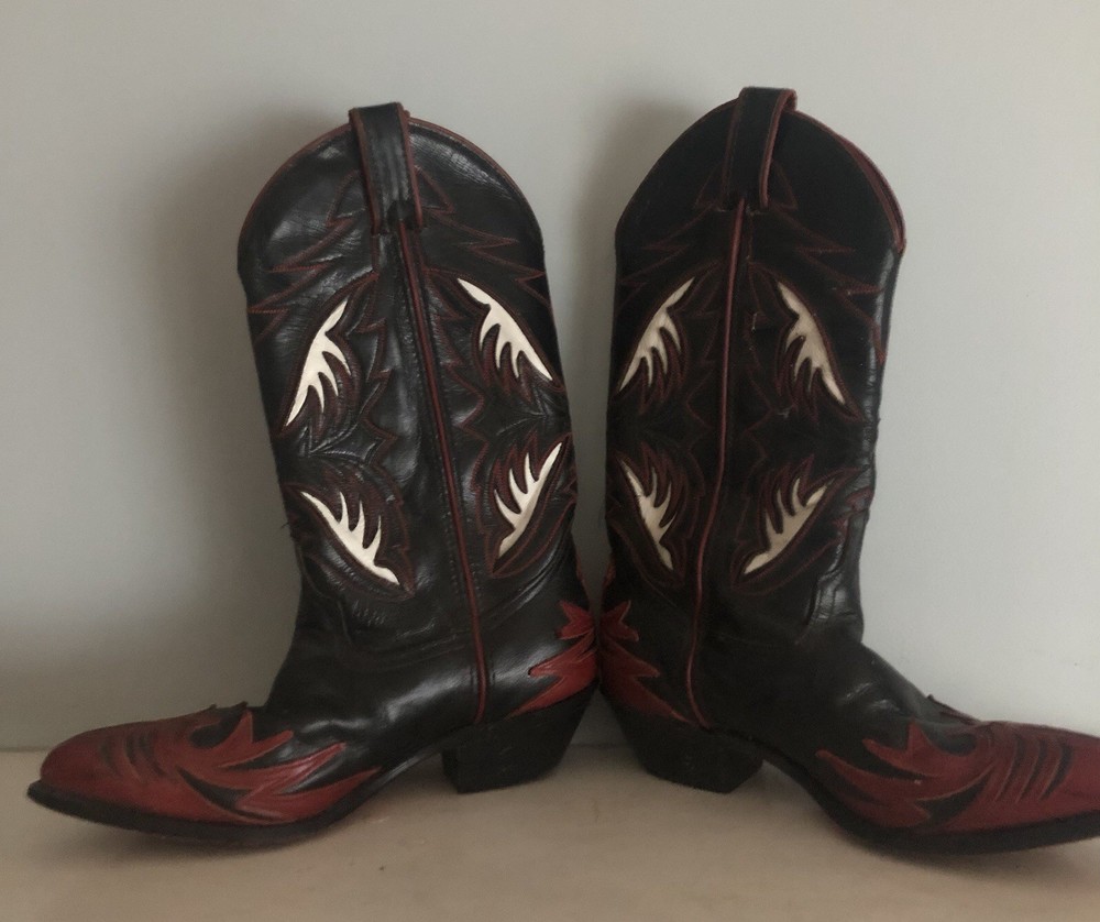 Vintage Black & Red Leather Code West By Dan Post Inlay Cowboy Boots-Size 6