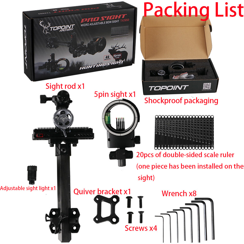 Compound Bow Sight 5Pin 0.019″ Archery 4X 6X 8X Lens Carbon Rod Adjustable RH LH