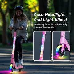 Kids Electric Scooter Pink 100W Adjustable Kick 8MPH 8 Mile Range Rainbow LED