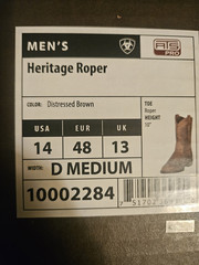 NIB – Ariat Men’s Heritage Roper Western Boots Distressed Brown US 14 D 10002284