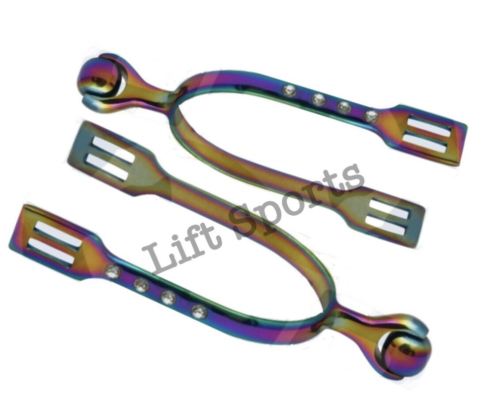 Rainbow Multi Color Crystals Horse Spurs Smooth Roller Ball Adult Size Riding