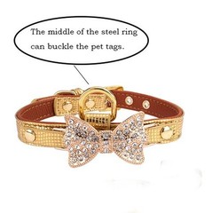 Gold Bling Diamond Giltter Leather Fashion Collar with Ring for Tags for Smal…