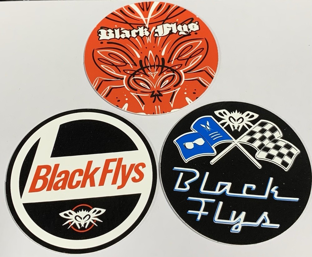 2 1/2 inch Circle Black Flys Eyewear STICKER Surf Skate Snow Party Lot of 3