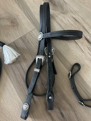 EUC Gorgeous Western snaffle show bridle custom-made with silver & mecate reins