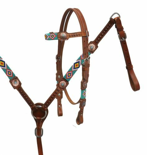Western Saddle Horse Navajo Turquoise Beaded Bridle + Breast Collar Tack Set