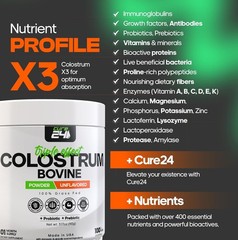 Bovine Colostrum X3 Supplement Powder for Humans, 100% Pure Whole Natural Grass