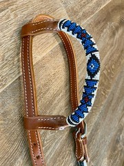 Beaded One Ear Western Leather Headstall, White, Royal Blue, Black, Burgundy