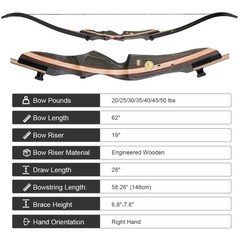 US 62″ 20-50LBS Takedown Recurve Bow Kit Wooden Archery Arrows Target Hunting RH