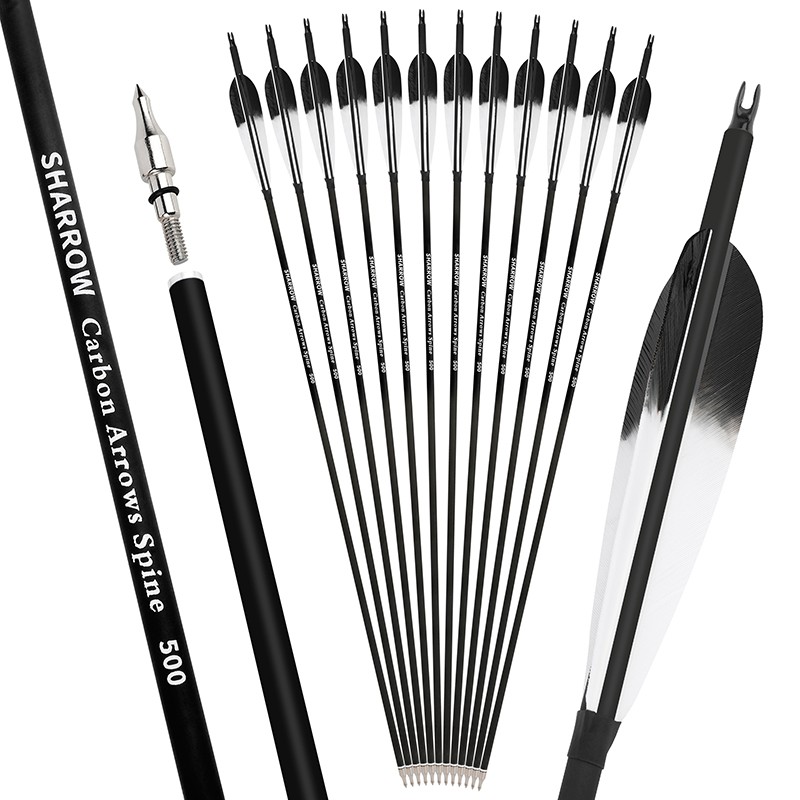 28″ 30″ 31″ Archery Carbon Arrows SP500 Feather Screw-in Tip Recurve Bow Hunting