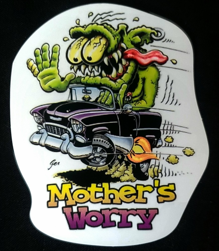 HOT ROD STICKER CHEVY «MOTHERS WORRY» 2 3/4 X 3 1/2″ GLOSSY