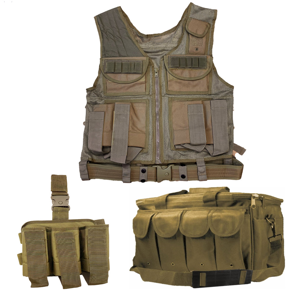 Shooters Gate Deluxe Paintball Vest, Drop Leg Carrier & Range Bag Set – FDE