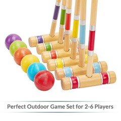 Croquet Set with Deluxe Premium Pine Wooden Mallets 32In Six Player Colored B…