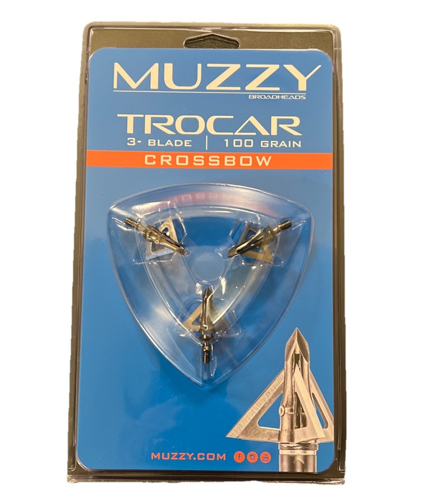 Muzzy Trocar 3 Blade 100 Grain Crossbow Archery Steel Broadhead 3 Pack