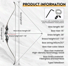 Black Hunter Takedown Recurve Bow 60in, Bamboo Core Limbs for Archery PracticeII