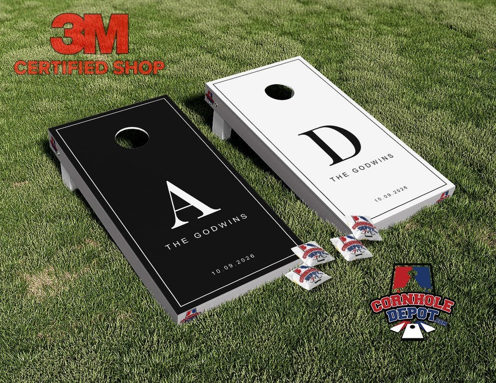 Custom Personalized Black and White Cornhole Board Vinyl Wrap Laminated Set