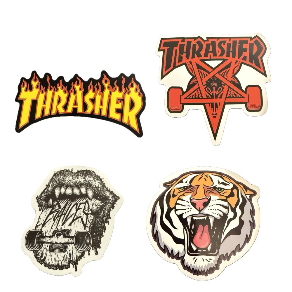 Thrasher Skateboard Sticker Lot Flame Logo Tiger Skull Graphic Decals 4pc