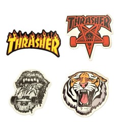 Thrasher Skateboard Sticker Lot Flame Logo Tiger Skull Graphic Decals 4pc