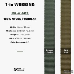 GM CLIMBING 1 inch MIL-W-5625 Nylon Tubular Webbing Milspecs 30 ft, Tan 499