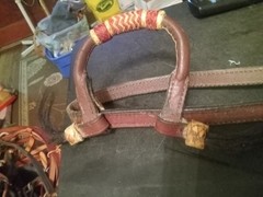 used leather headstall sliding ear silver buckles Red And White Rawhide Wrapped