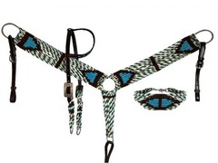 Teal Brown Cream Wool Corded Single Ear Headstall Breast Collar Wither Strap Set