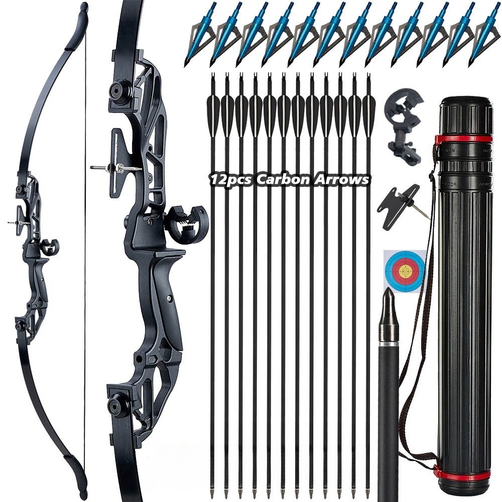 55lbs 53″ Takedown Recurve Bow Carbon Arrows Kit Archery Hunting Shooting Target