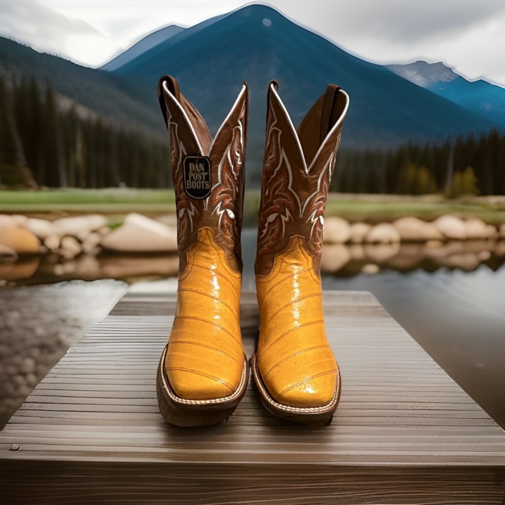Dan Post Western Equestrian Cowboy Boots Yellow Brown. Genuine Eel.
