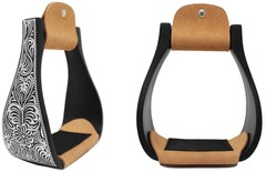 Challenger 4-7/8″ Wide Western Black Engraved Aluminum Horse Bell Stirrups
