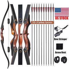 Archery Traditional Hunting 60″ Takedown Recurve Bow Set Wooden Longbow 30-50lbs