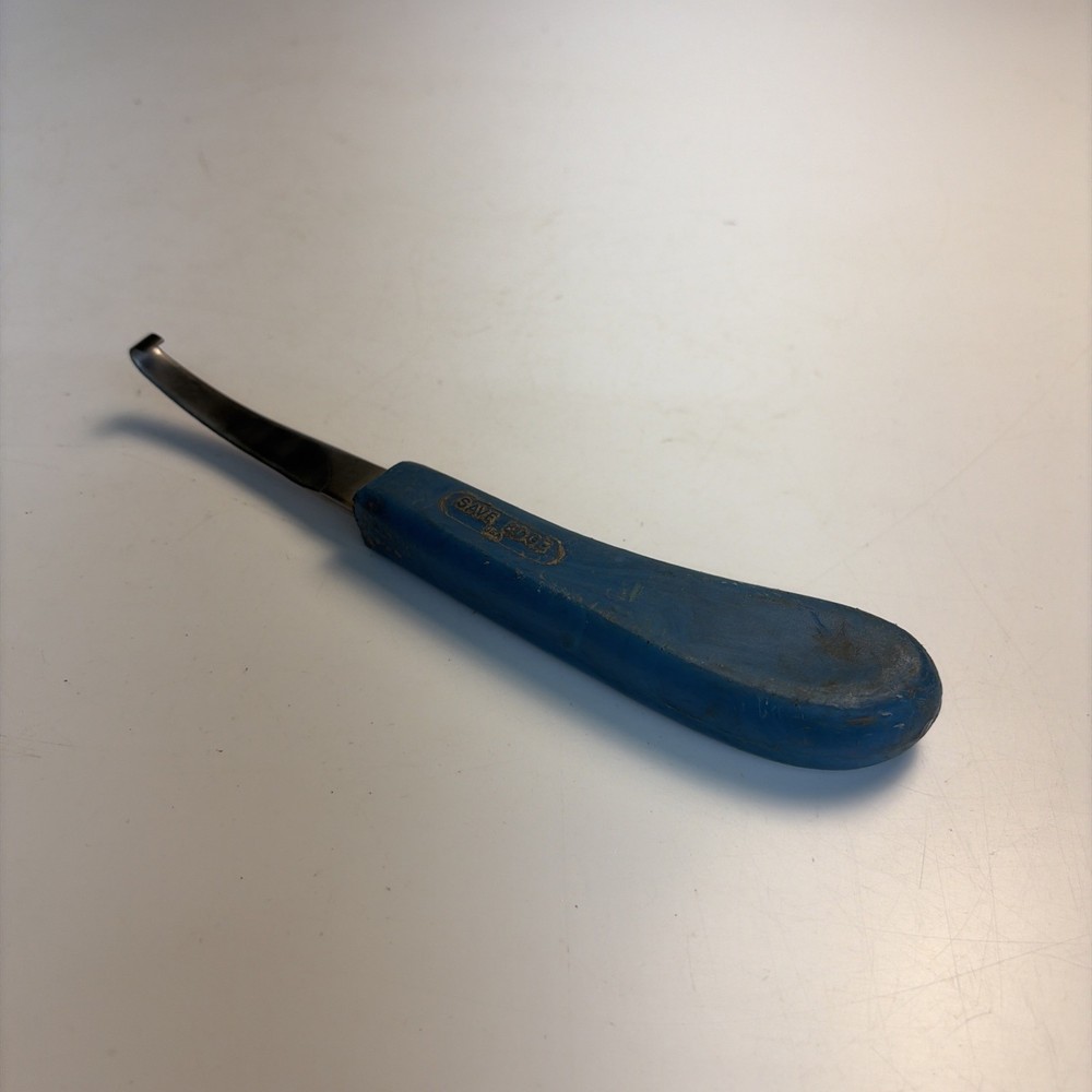Vintage Save Edge USA Farrier Hoof Knife Curved Blade Blue Handle