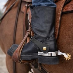 High-Polished Finish Stainless Steel Western Spurs with Leather Straps Black