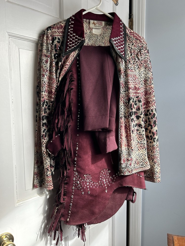 Burgundy Western Outfit – Hobby Horse Jacket- Custom Crystal Chaps- Animal Print
