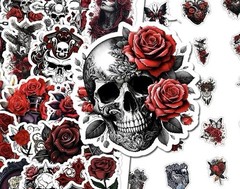 30Pcs Random Gothic Punk Dark Red Horror Rose Skull Dark Red Waterproof Stickers