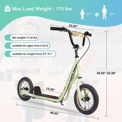 Kick Scooter Bike for 6-12-Years Old Kids W/Adjustable Handlebar 12 In. Infla…
