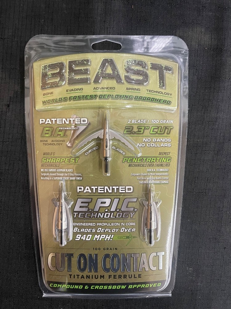 Beast Broadheads Cut On Contact Titanium 2 Blade 100gr 2.3″ 3 Pack BRAND NEW