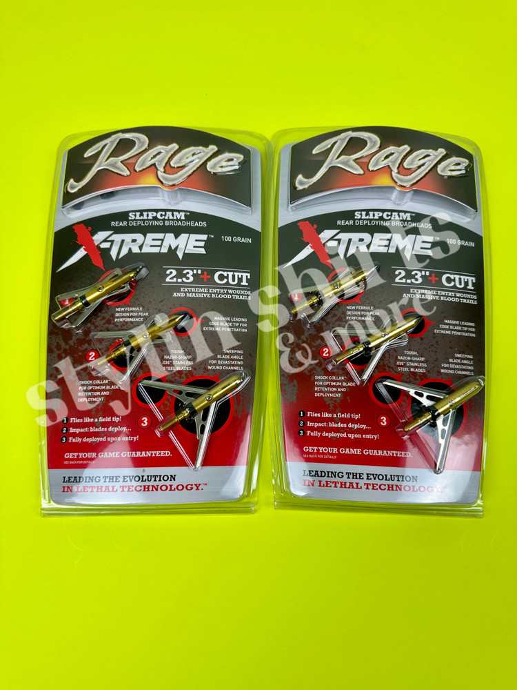 TWO RAGE Slipcam X-TREME extreme 2″+ cut mechanical 2 blade broadheads 100 grain