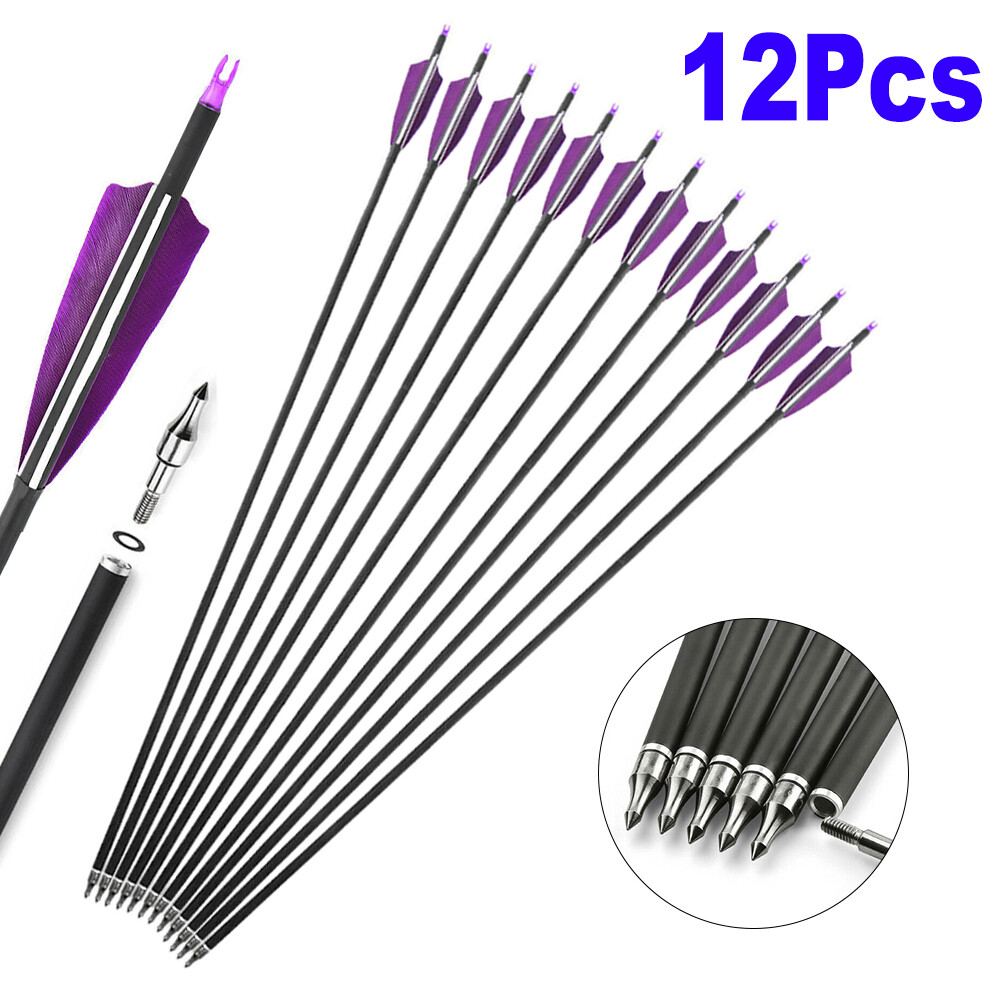 12pc 30″ Carbon Arrows Turkey Feathers SP500 Compound Recurve Bow Hunting Target