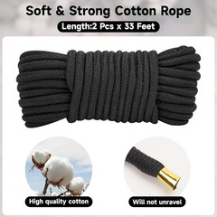 KINGLAKE 10MM Soft Cotton Rope 2 Pack 33Ft/10M Black Rope Thick Rope for Plant H