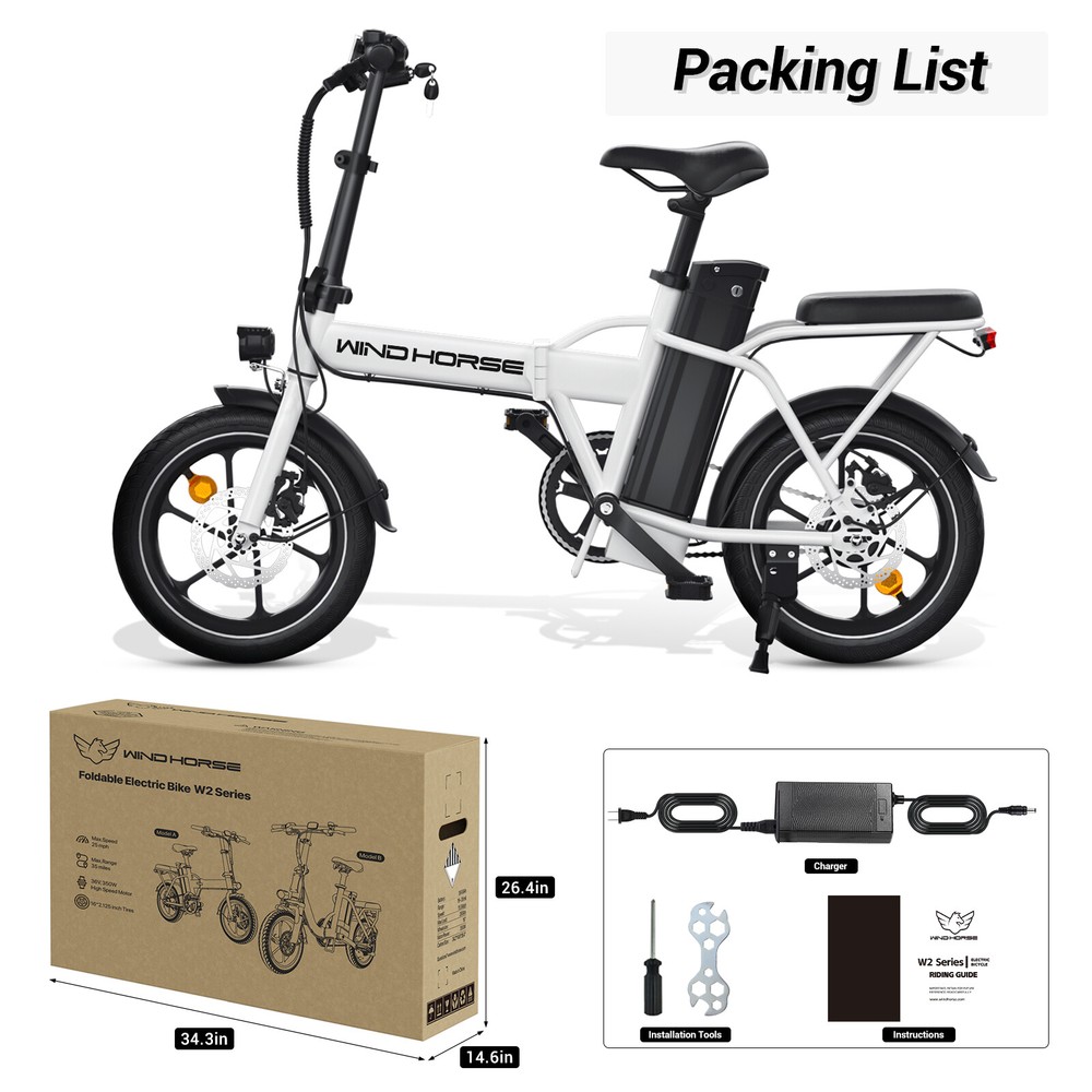 630W 2-Seat 16″ Tire Foldable Ebike 25MPH Commuter Electric Bicycle for Adult US