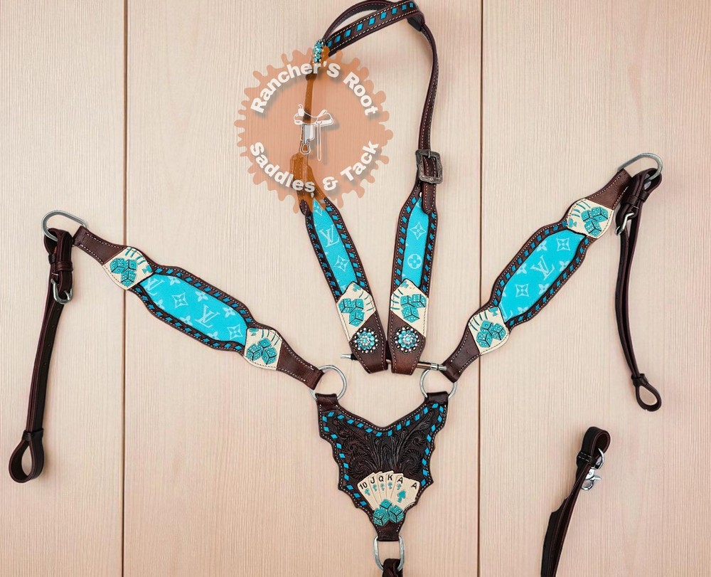 Western Tack Set Horse | Turquoise Color With Card Tooling Tack Set