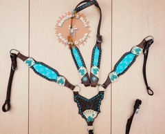 Western Tack Set Horse | Turquoise Color With Card Tooling Tack Set