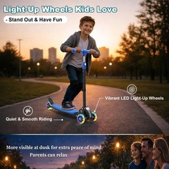 3-Wheel Kids Kick Scooter, Adjustable Handlebar, Light-Up Wheels, Foldable, Ages