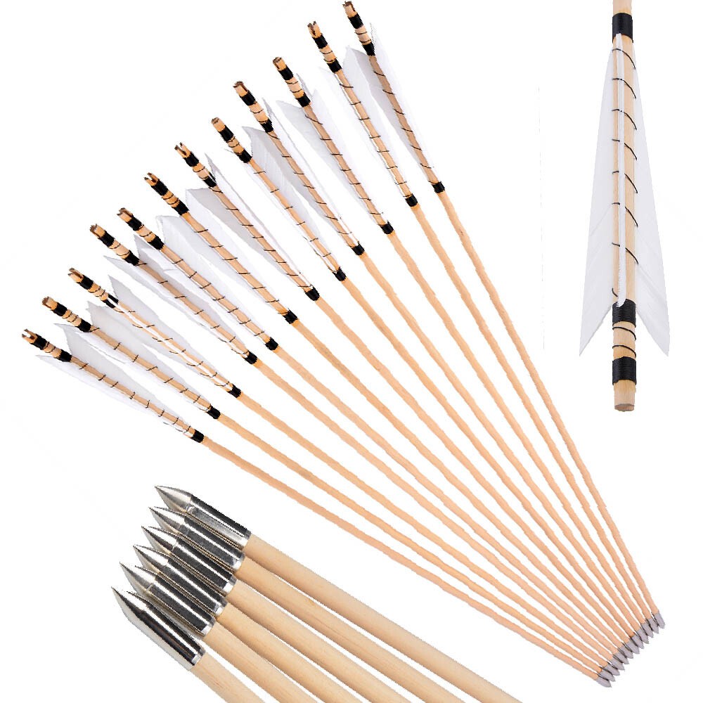 32″ Wooden Arrow 5″ Turkey Feather Archery Recurve Bow Longbow Hunting Shooting