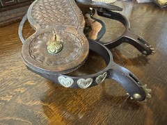 Western Riding Spur Rowel Spurs w/ Tooled Leather Straps, Chap Guards, Conchos